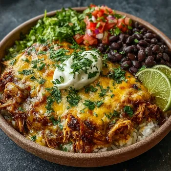 A bowl of food with a white sauce on top.