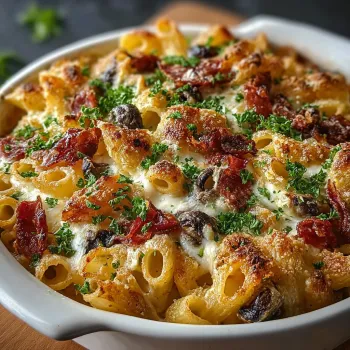 A bowl of pasta bake with mushrooms and cheese.