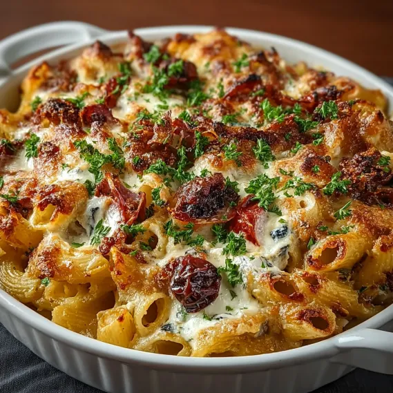 A white bowl filled with a pasta bake.
