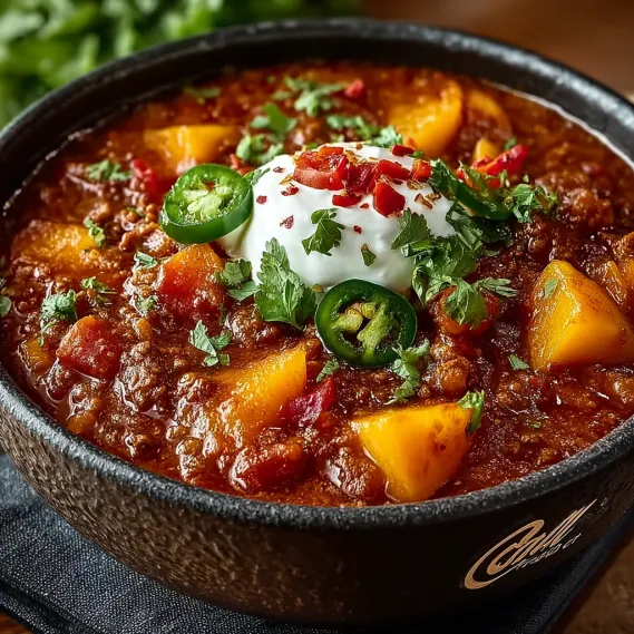 A bowl of chili with peaches and jalapenos.