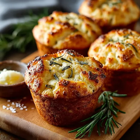 Golden crust garlic rosemary focaccia muffins.