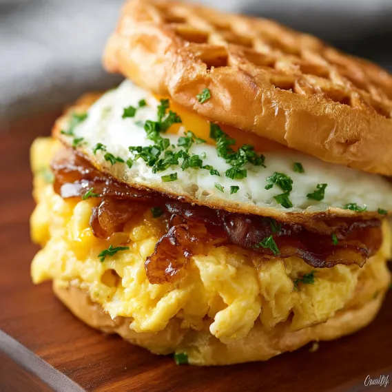 A breakfast sandwich with egg, bacon, and waffle.