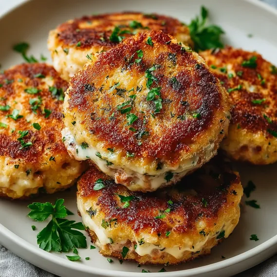A plate of tuna melt patties.