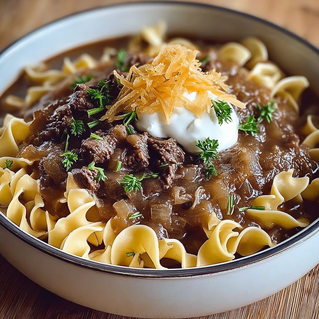 A bowl of French onion beef noodles.