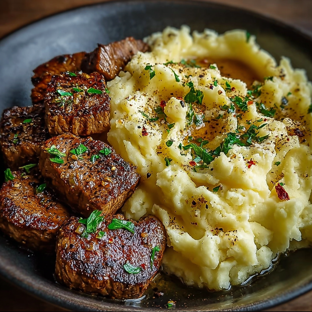 A plate of food with mashed potatoes and meat.