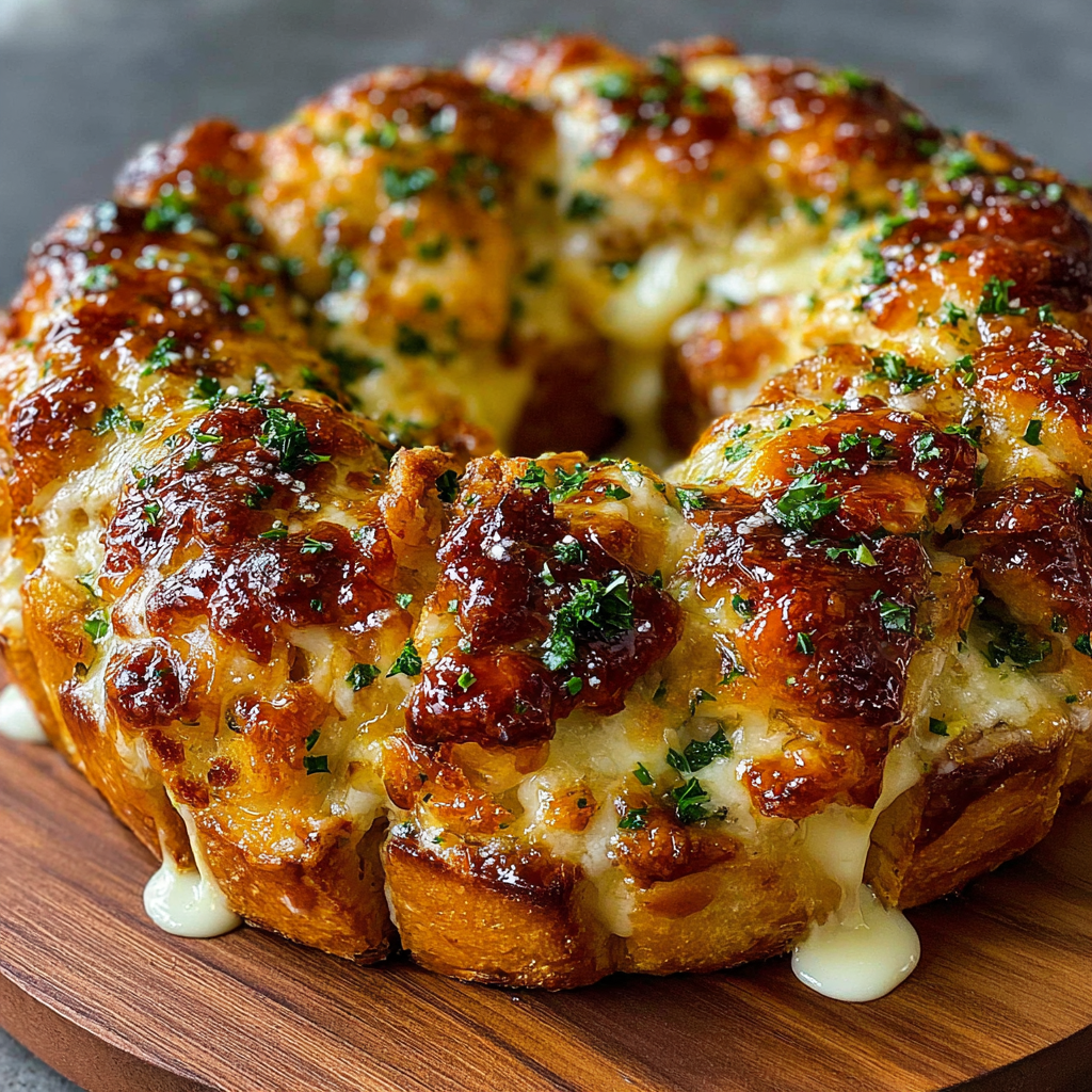 A cheesy chicken alfredo monkey bread is on a wooden cutting board.