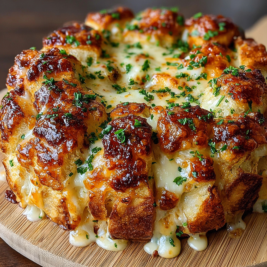 A cheesy chicken alfredo monkey bread is on a wooden cutting board.