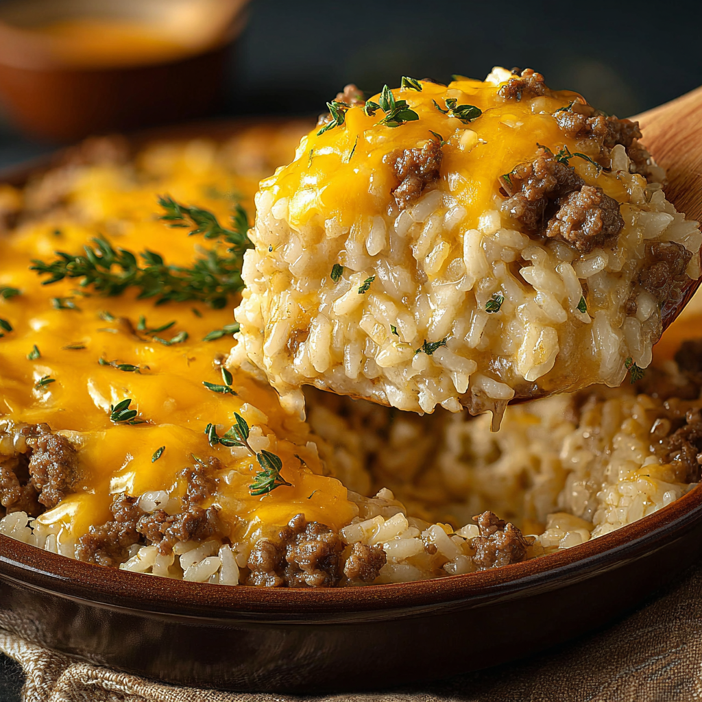 A close up of a cheesy hamburger rice casserole.