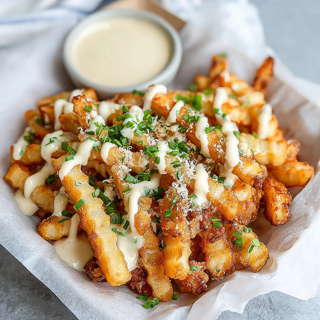 A plate of fries with cheese and sauce.