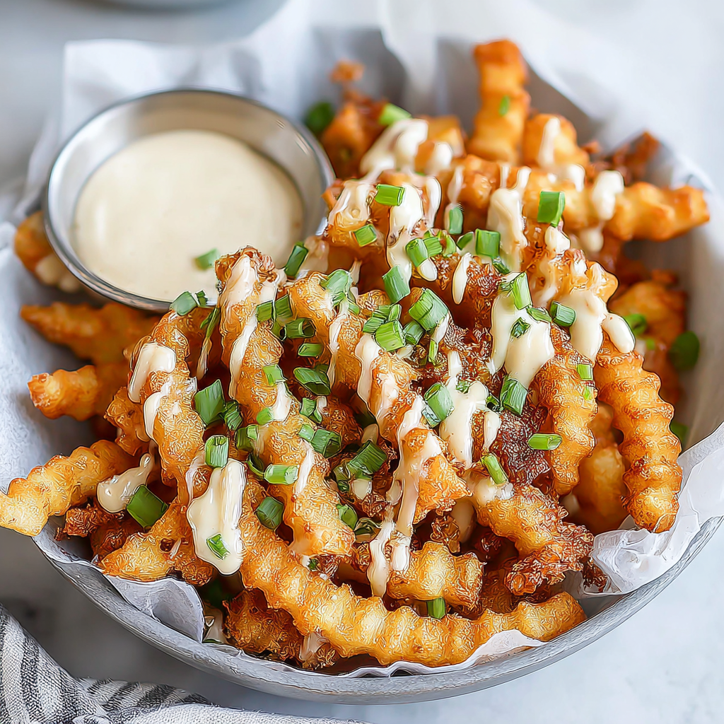 A bowl of fries with a dipping sauce.