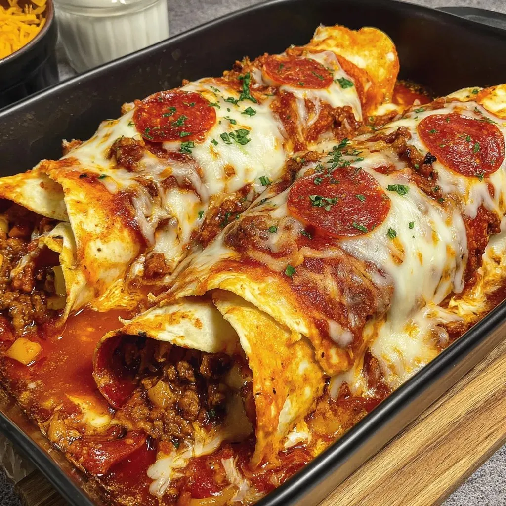 A pan of pizza enchiladas with ground beef.