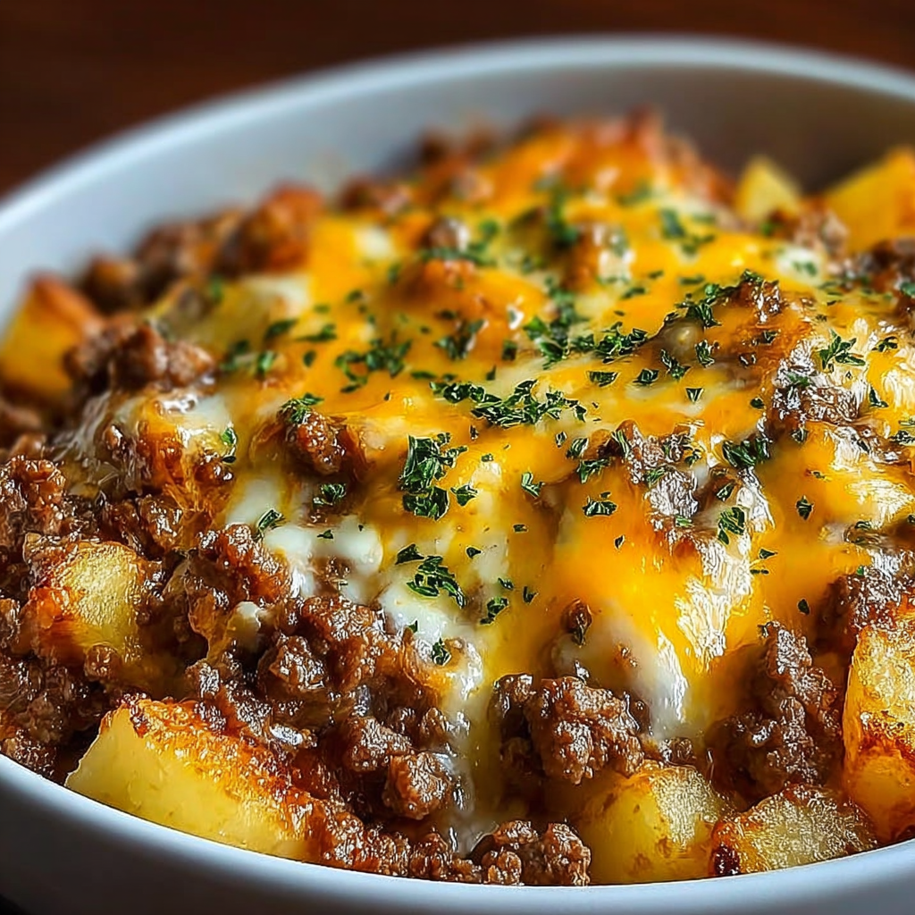 A bowl of ground beef cheesy casserole.