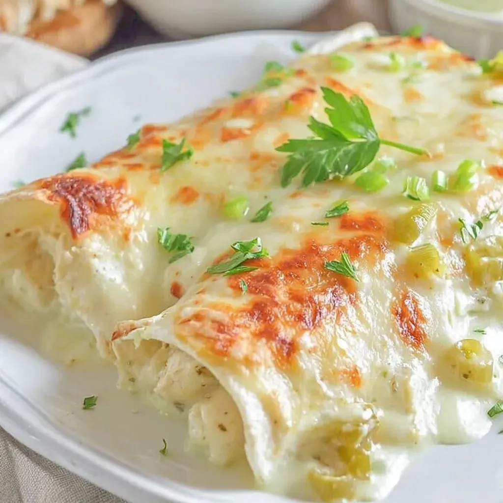 A white plate with a creamy chicken enchilada on it.