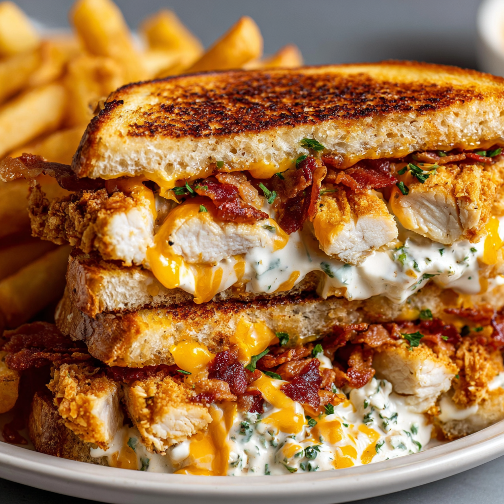 A sandwich with bacon and ranch dressing.