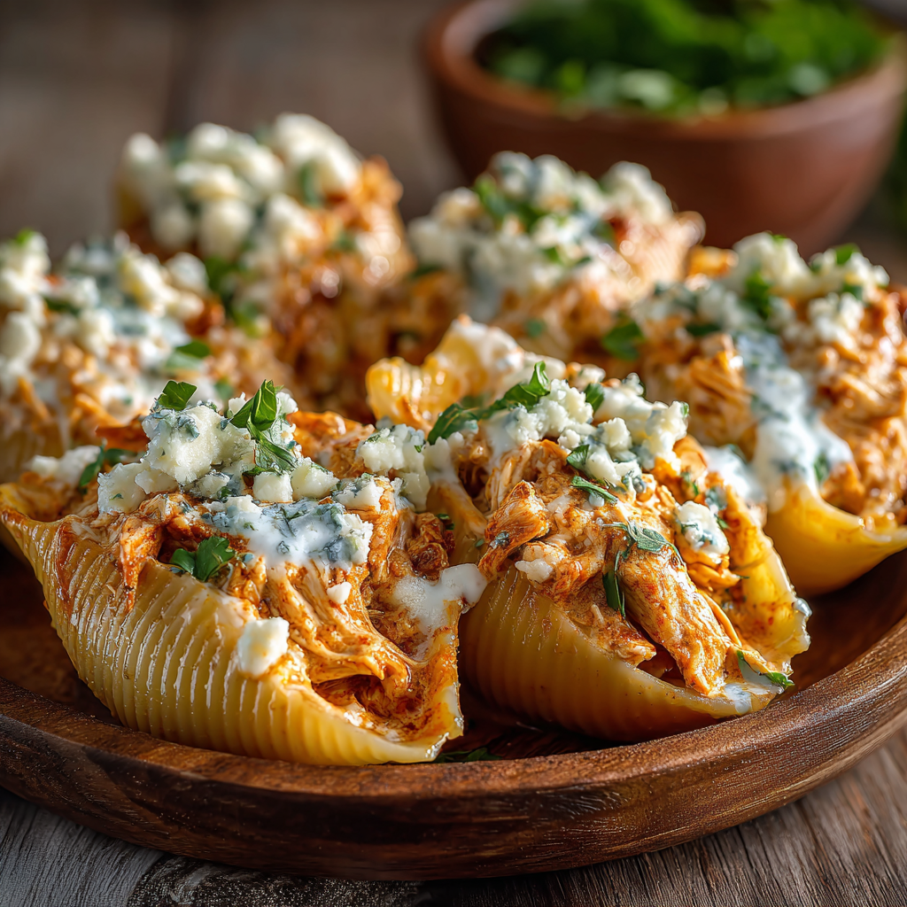 A plate of creamy buffalo chicken stuffed shells.