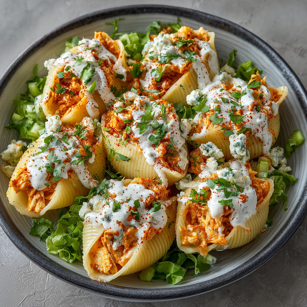A plate of creamy buffalo chicken stuffed shells.