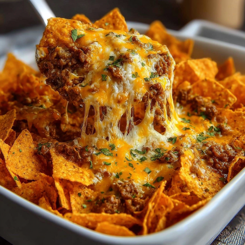 A delicious casserole with cheese and meat on top.