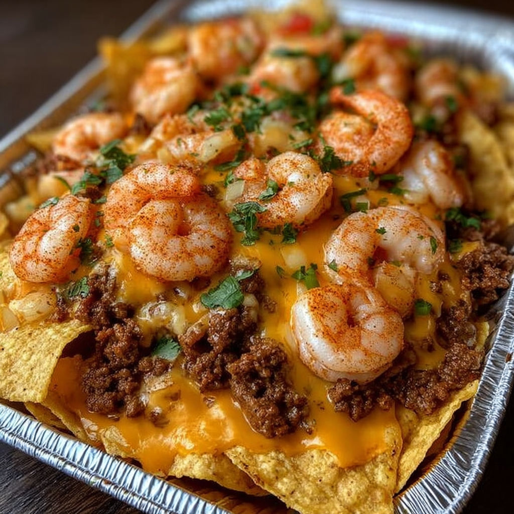 A plate of nachos with shrimp and beef.