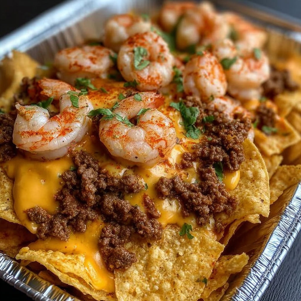 A tray of food with shrimp and cheese.