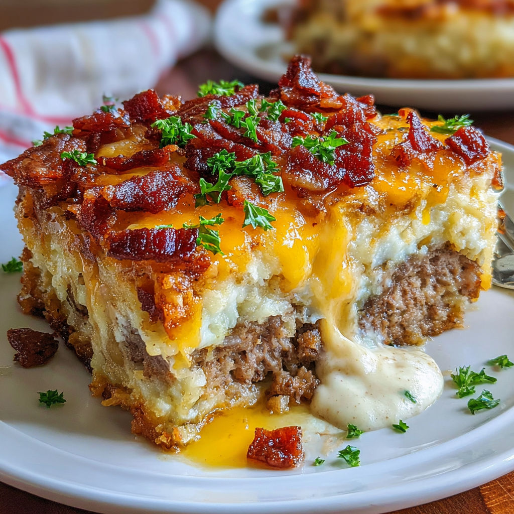 A loaded potato meatloaf casserole on a plate.