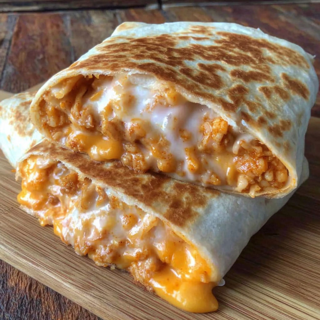 A burrito with cheese and chicken on top.