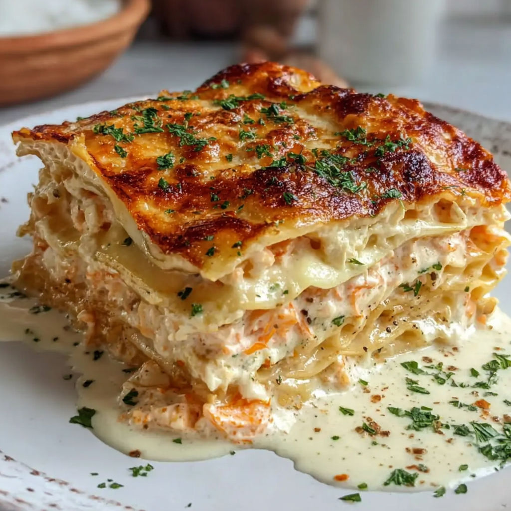 A creamy seafood lasagna on a plate.