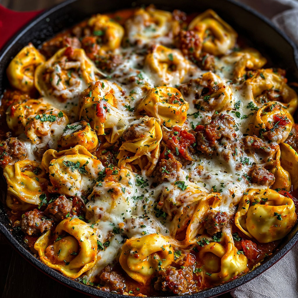 A skillet filled with cheese tortellini and sausage.