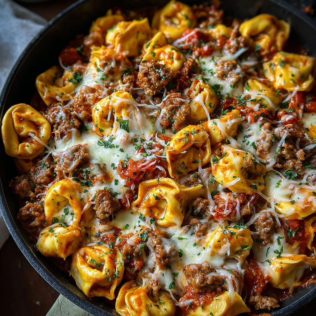 A skillet of pasta with cheese and sausage.