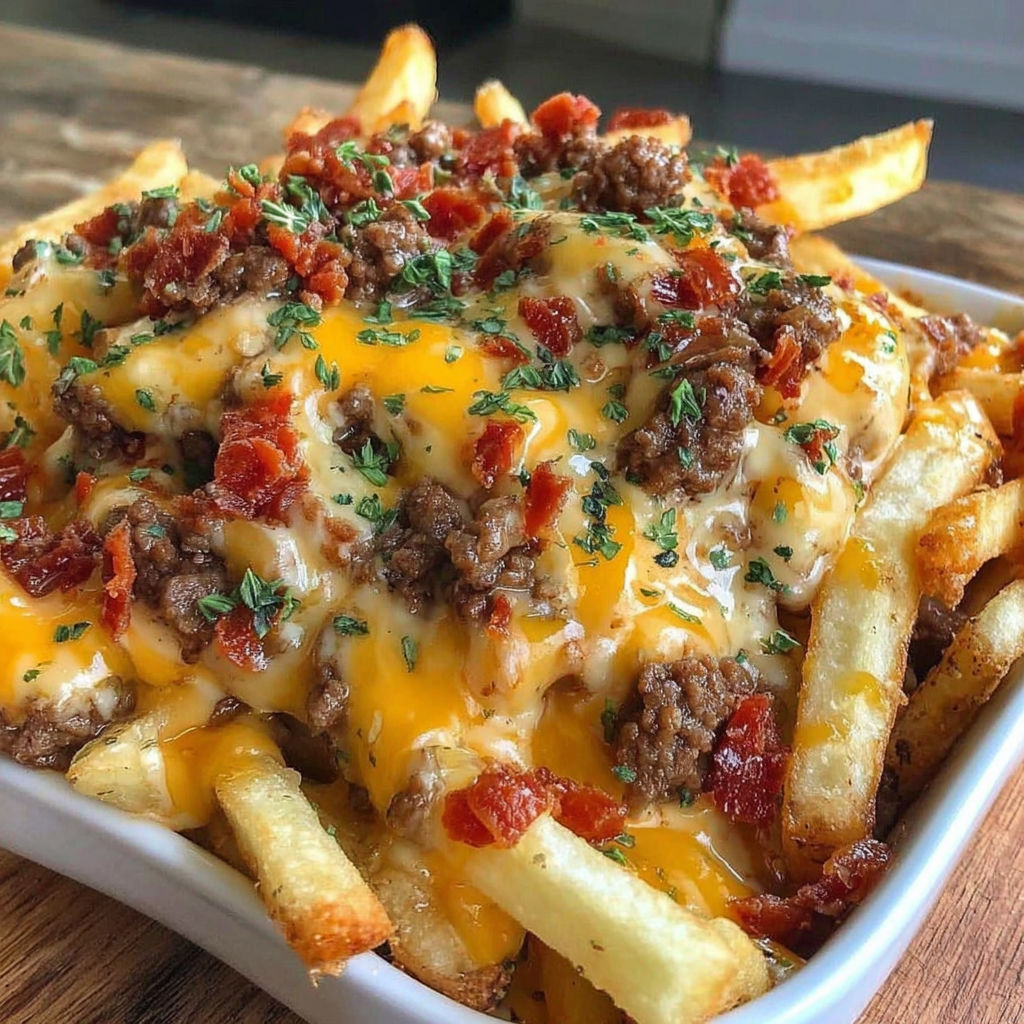 A plate of food with cheese and bacon on top.
