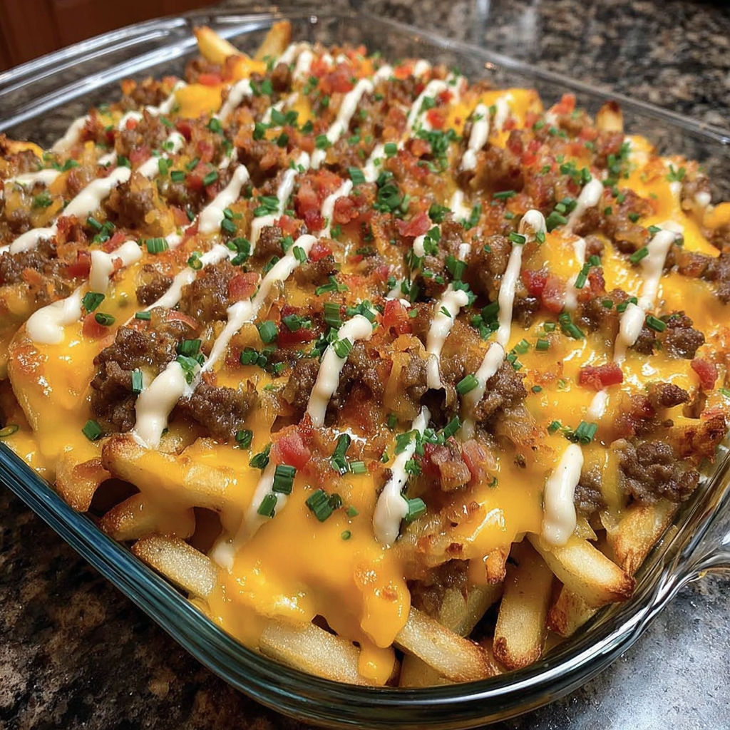 A dish of cheese and bacon covered fries.