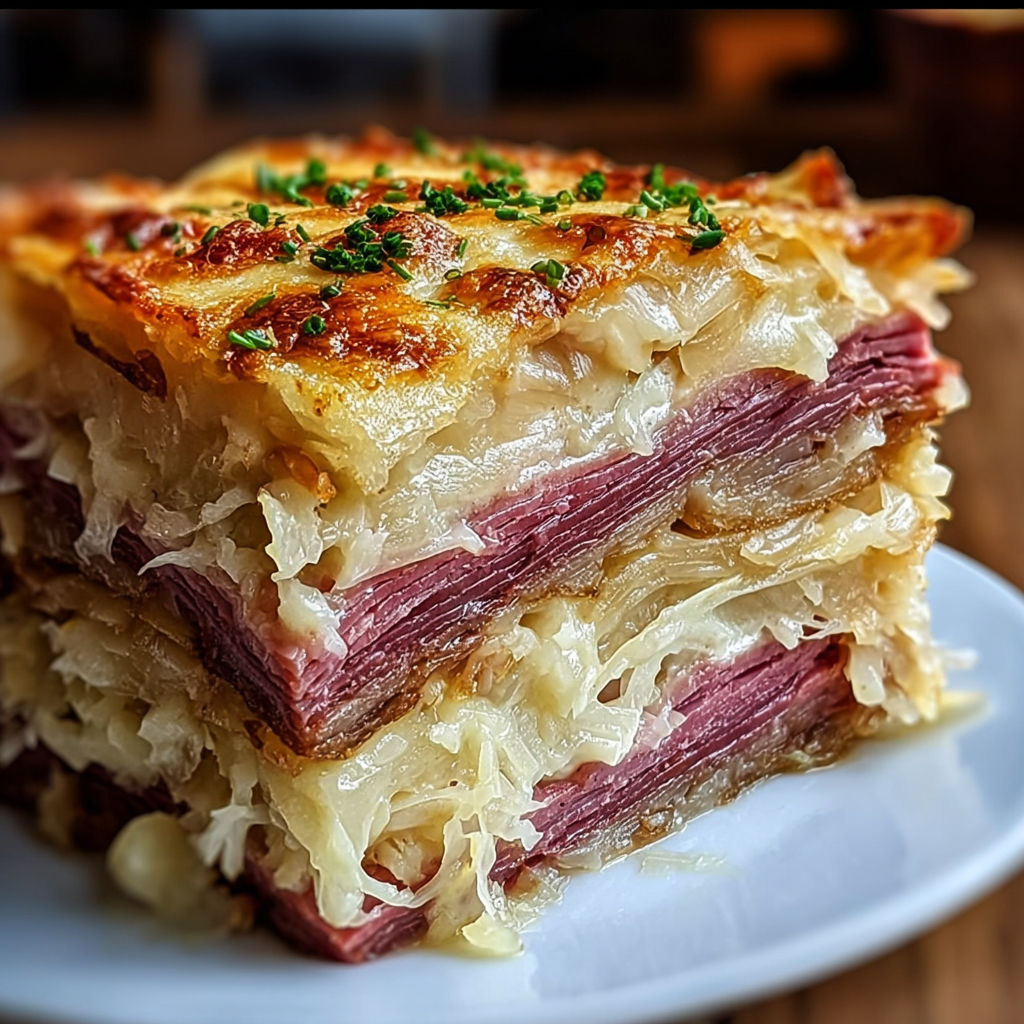 A stack of meat and potatoes on a plate.