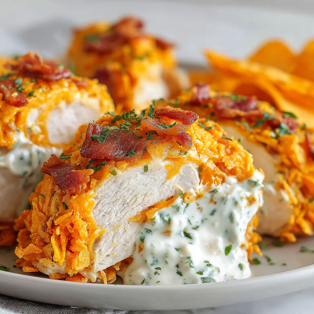 A plate of chicken with bacon and cheese.