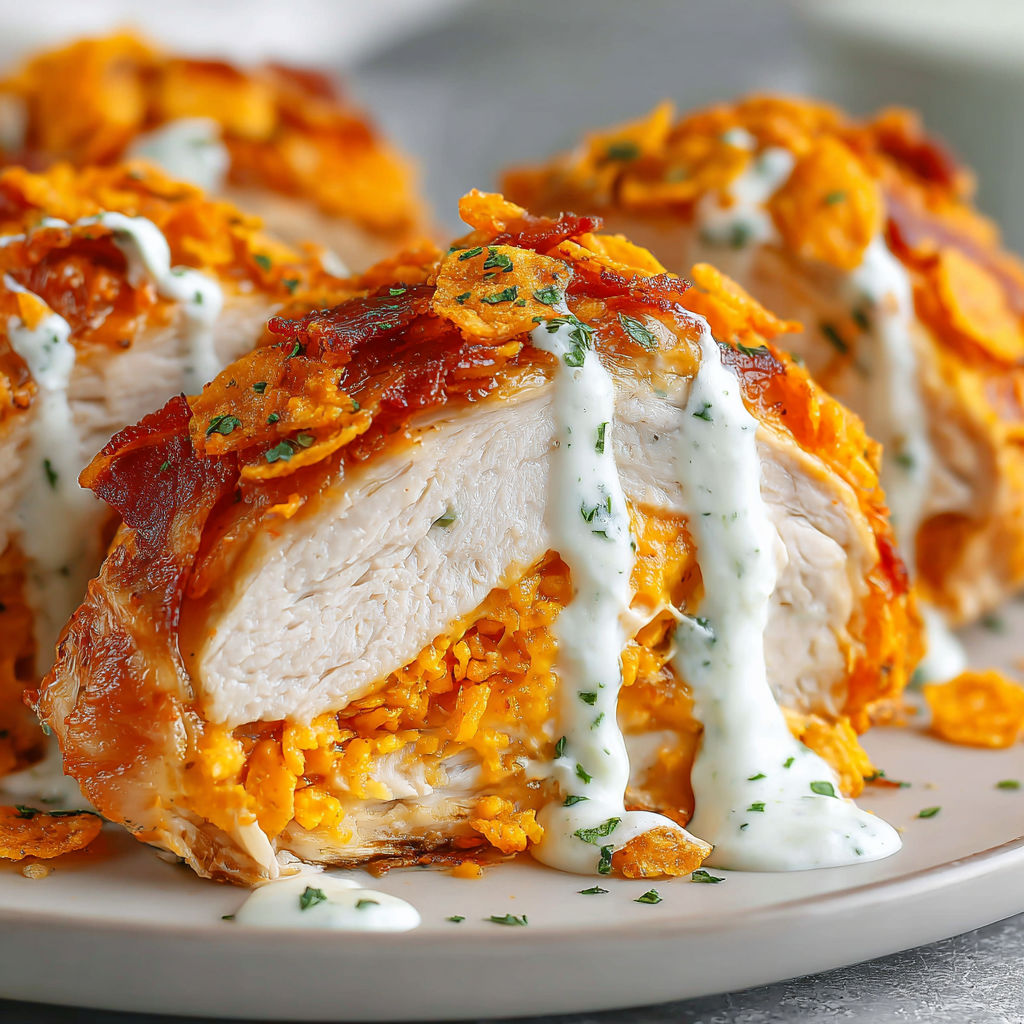 A chicken breast with bacon and cheese on top.