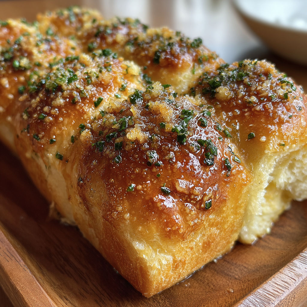 A slice of garlic bread on a wooden cutting board.