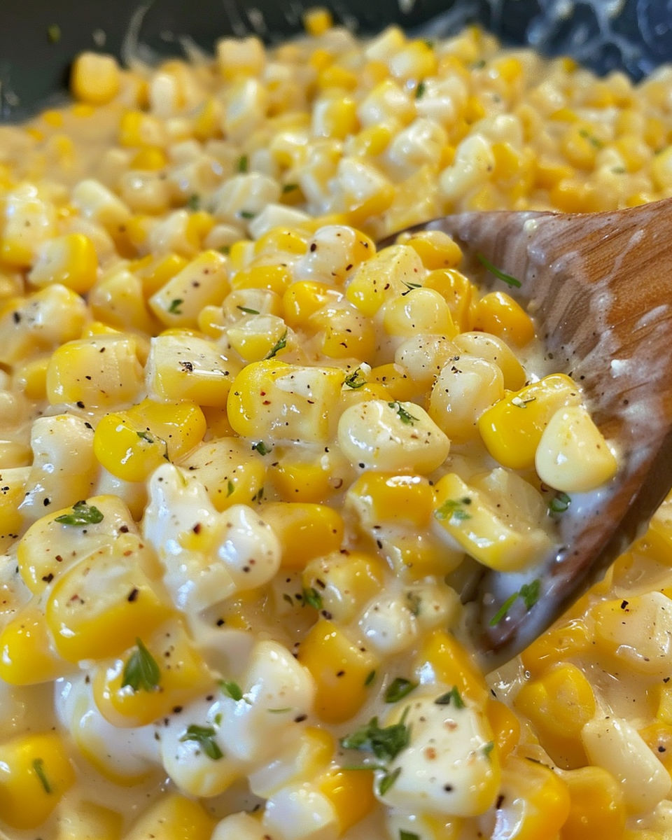 A wooden spoon in a bowl of corn.