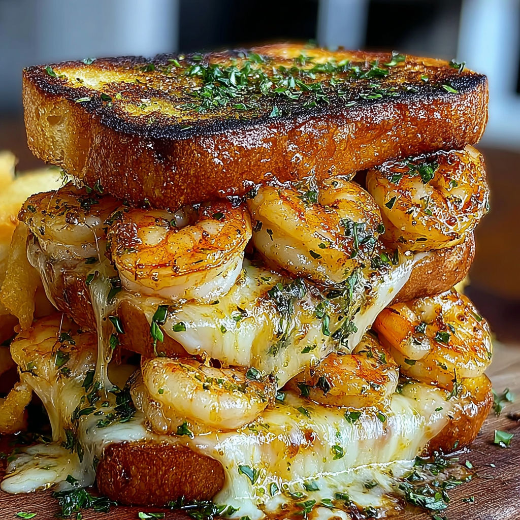 A grilled cheese sandwich with shrimp on top.