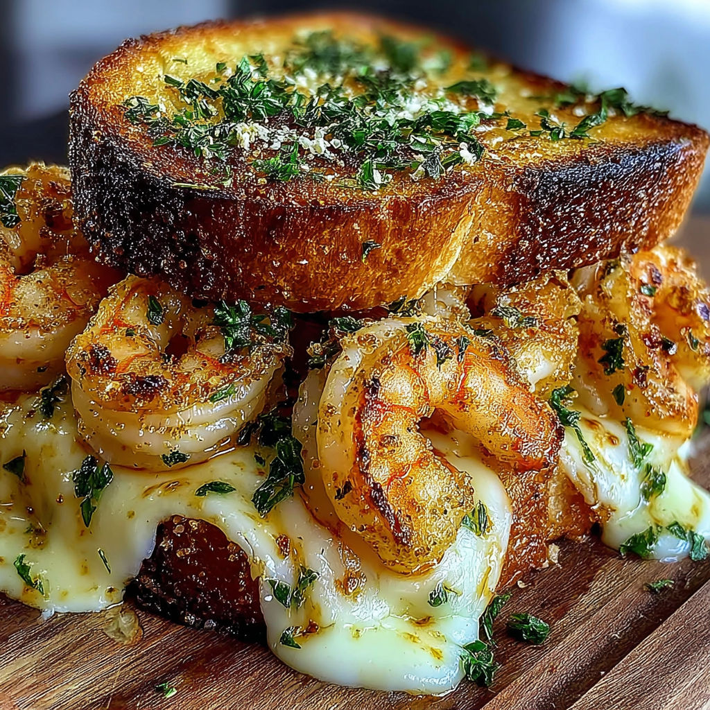 A piece of bread with shrimp on top.