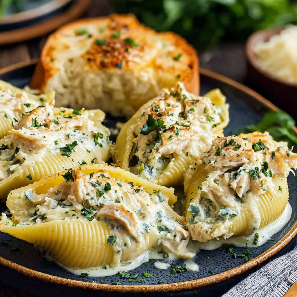A plate of food with a bread roll and pasta with chicken and cheese.