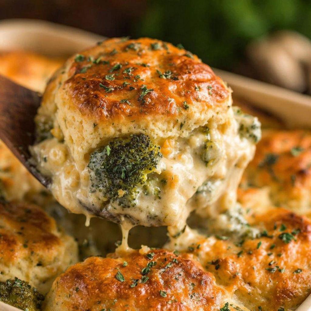 A wooden spoon is in a bowl of broccoli cheddar biscuit casserole.
