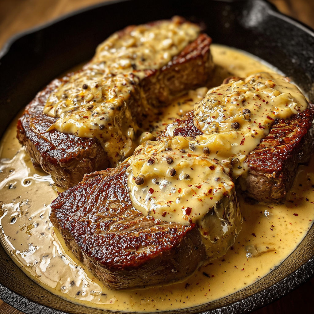 A close up of a steak with a haunted bourbon garlic cream sauce.