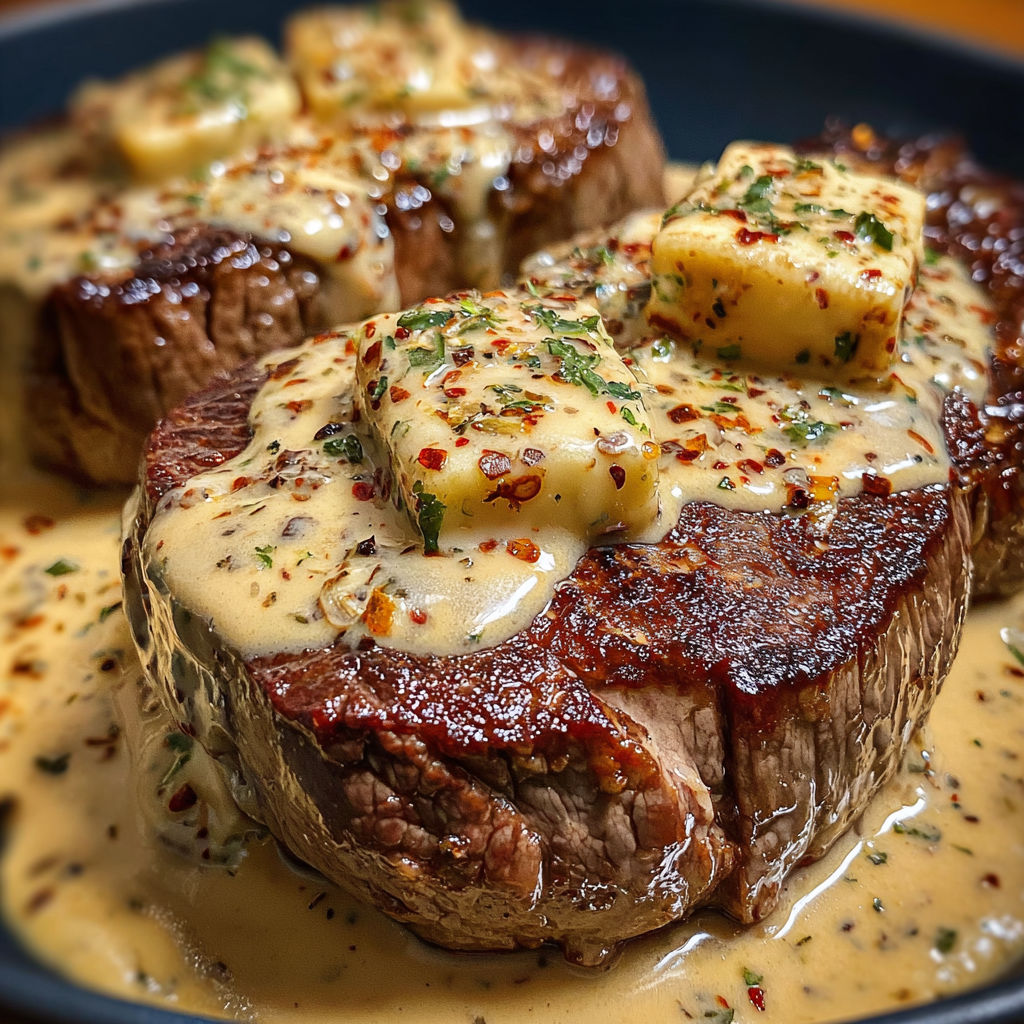 A close up of a piece of meat with a sauce on it.