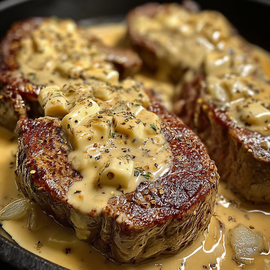 A close up of a piece of meat with gravy on it.