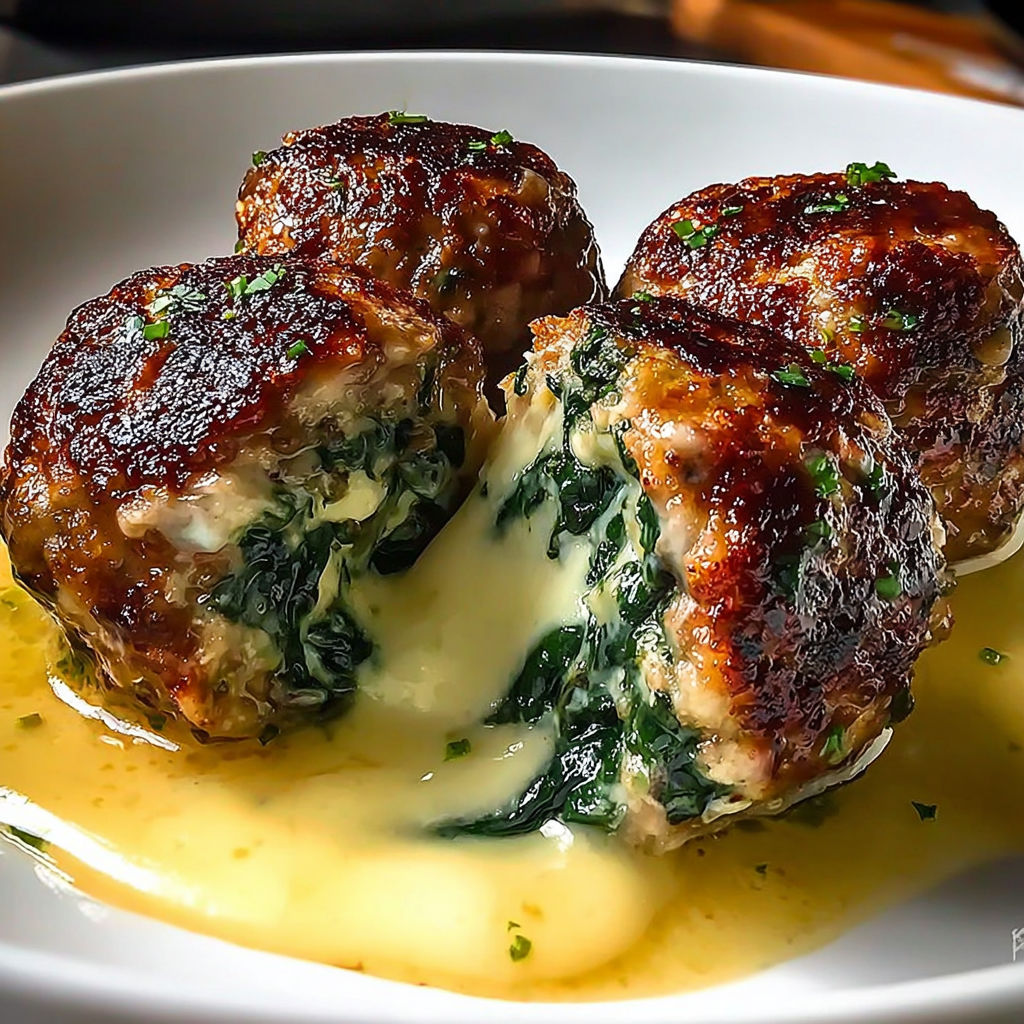 Mozzarella, spinach and garlic meatballs.