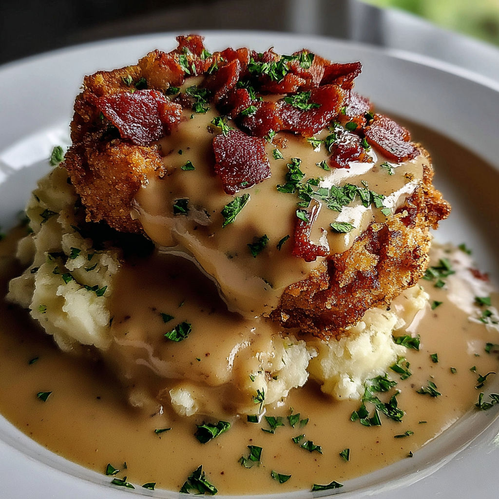 A plate of country fried pork with bacon gravy.