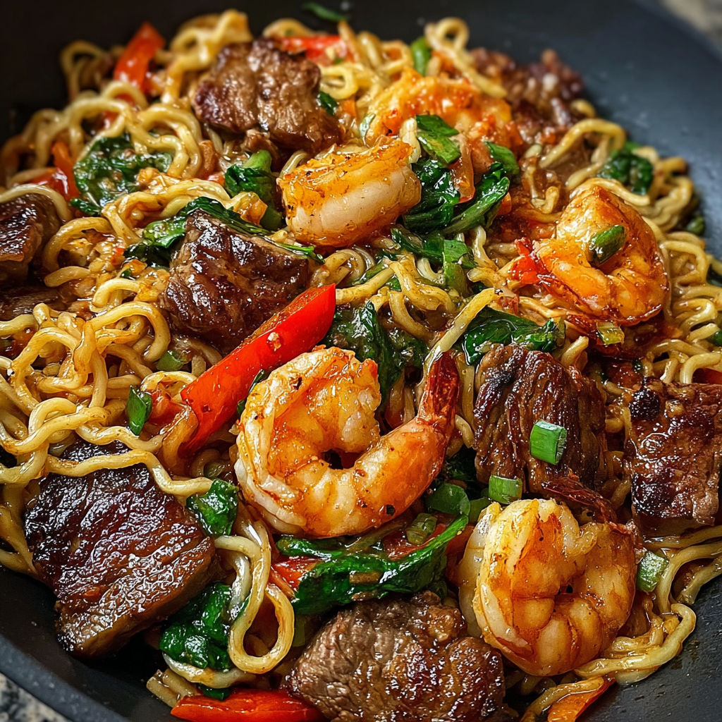 A bowl of stir-fried noodles with shrimp and steak.
