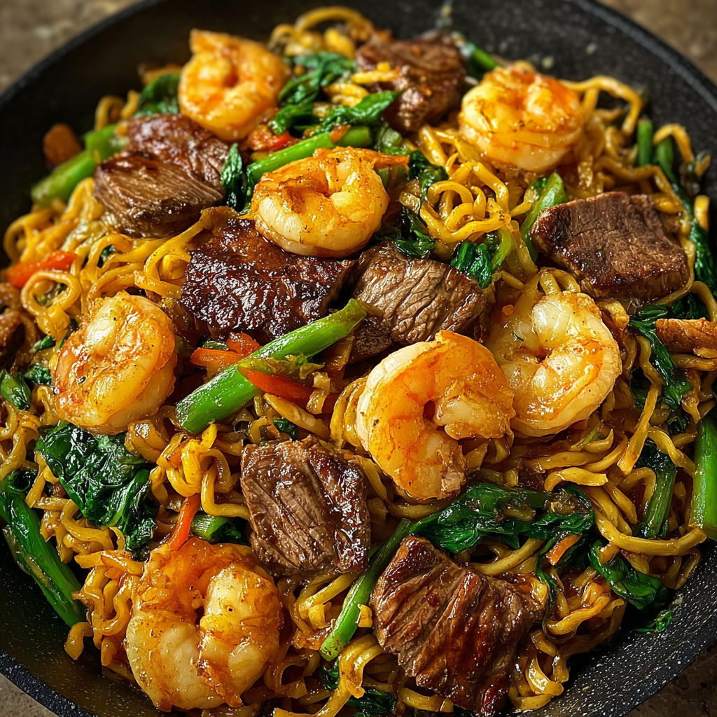 A bowl of stir-fried noodles with shrimp and beef.