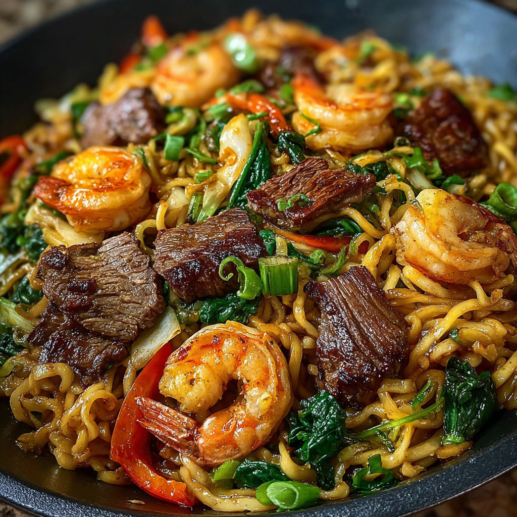 A bowl of stir-fried noodles with shrimp and steak.
