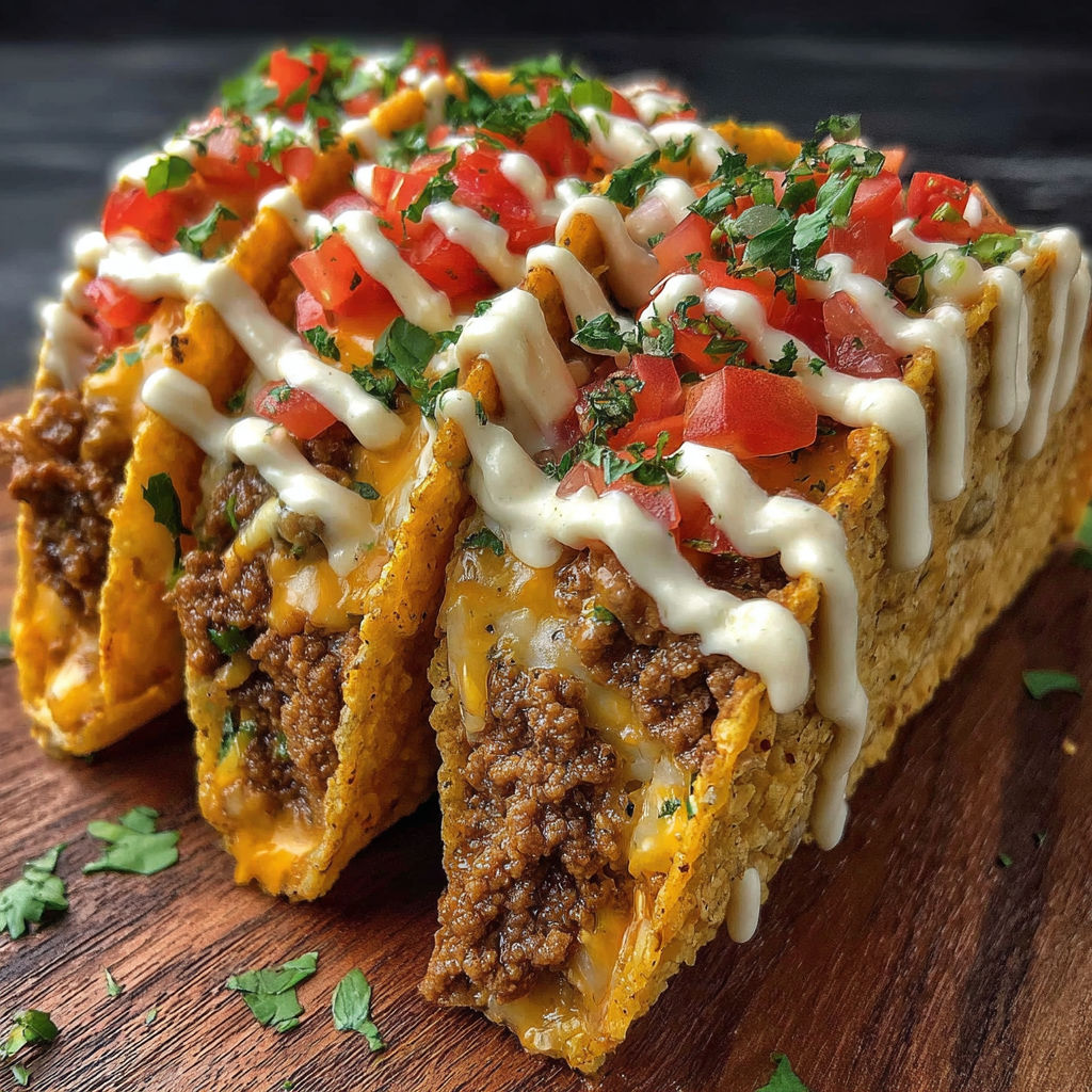 A close up of a taco with a white sauce.