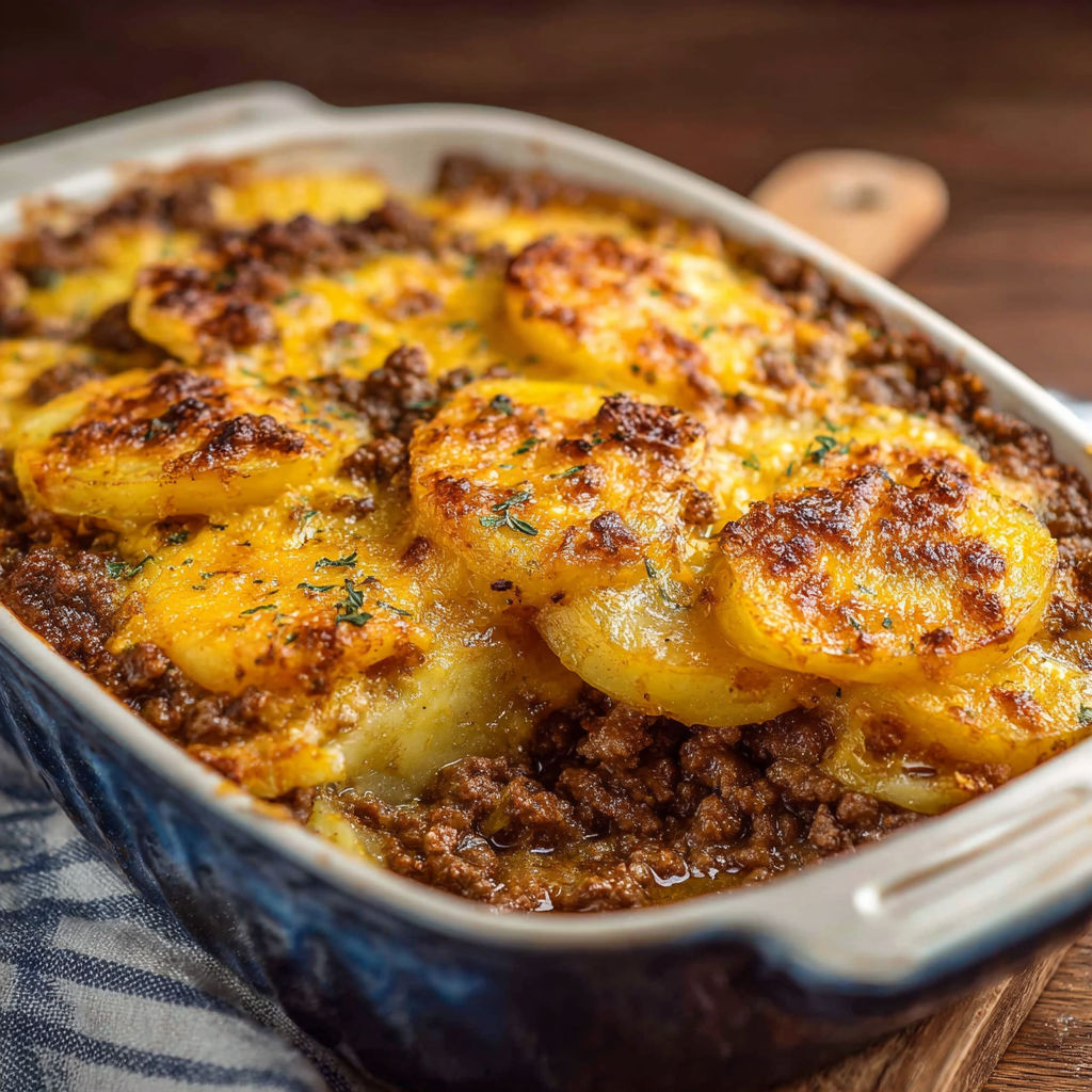 A casserole with potatoes and ground beef.