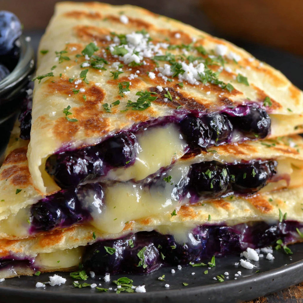 A stack of blueberry crepes with cheese.